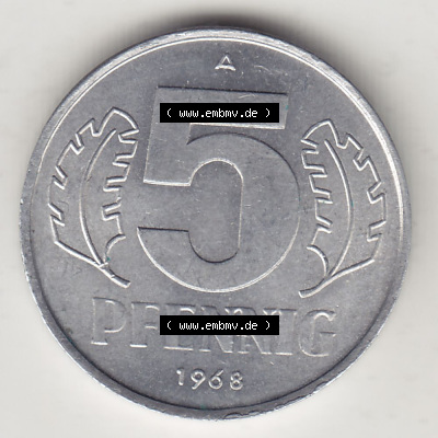 DDR Münze 1948-1990 Umlaufmünze / Kursmünze 1968-1990, A 5 Pfennig 1968 (Stück 6). Rückseite der 5 Pfennig Münze der DDR.... Sammlung