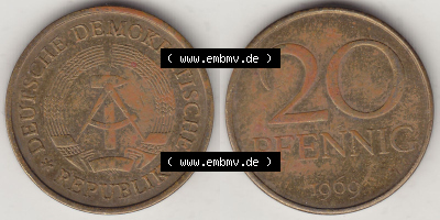 DDR Münze 1969-1990 Umlaufmünze / Kursmünze 1969-1990, 20 Pfennig 1969 (Stück 1), DDR-Telefonmünze. Vorderseite und Rückseite... Sammlung