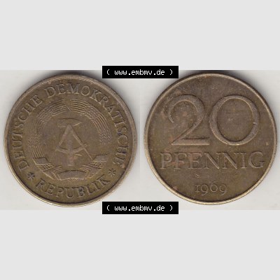DDR Münze 1969-1990 Umlaufmünze / Kursmünze 1969-1990, 20 Pfennig 1969-5, DDR-Telefonmünze. Vorderseite und Rückseite horizontal rechts nebeneinander zusammengefügt,... Sammlung