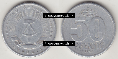 DDR Münze 1958-1990 Umlaufmünze / Kursmünze 1958-1990, A 50 Pfennig 1958 (Stück 2) der DDR-Mark. Vorderseite und Rückseite... Sammlung
