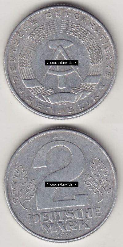 DDR Münze 1957-1990 Umlaufmünze / Kursmünze 1957-1957, A 2 Deutsche Mark 1957 (Stück 1). Vorderseite und Rückseite vertikal... Sammlung