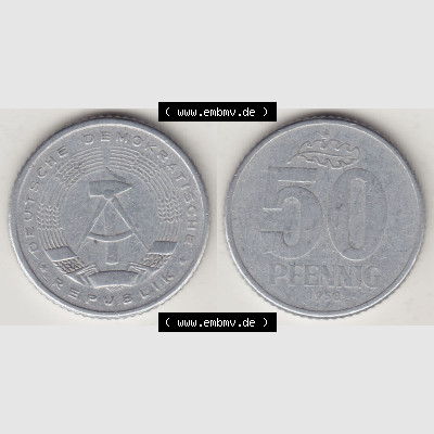 DDR Münze 1958-1990 Umlaufmünze / Kursmünze 1958-1990, A 50 Pfennig 1958-3 der DDR-Mark. Vorderseite und Rückseite horizontal rechts nebeneinander zusammengefügt,... Sammlung