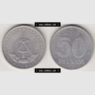 DDR Münze 1958-1990 Umlaufmünze / Kursmünze 1958-1990, A 50 Pfennig 1981-1 der DDR-Mark. Vorderseite und Rückseite horizontal rechts nebeneinander zusammengefügt,... Sammlung