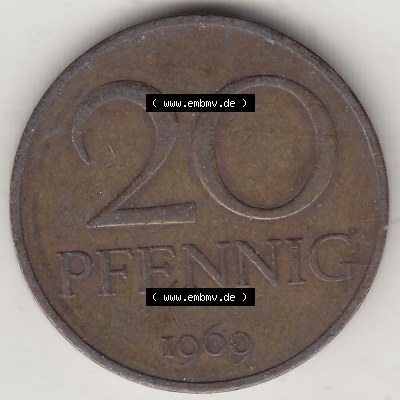 DDR Münze 1969-1990 Umlaufmünze / Kursmünze 1969-1990, 20 Pfennig 1969-4, DDR-Telefonmünze. Rückseite mit Wertzahl bzw. Nominalwert der 20 Pfennig... Sammlung