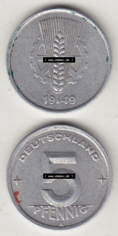 DDR Münze 1948-1990 Umlaufmünze / Kursmünze 1948-1950, A 5 Pfennig 1949 (Stück 1). Vorderseite und Rückseite vertikal untereinander... Sammlung