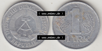 DDR Münze 1956-1990 Umlaufmünze / Kursmünze 1972-1990, A 1 Mark 1975. Vorderseite und Rückseite horizontal rechts nebeneinander... Sammlung