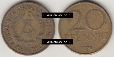 DDR Münze 1969-1990 Umlaufmünze / Kursmünze 1969-1990, 20 Pfennig 1971 (Stück 2), DDR-Telefonmünze. Vorderseite und Rückseite... Sammlung