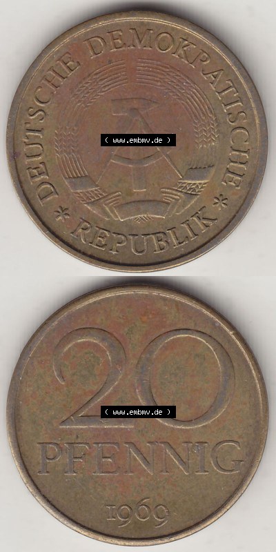 DDR Münze 1969-1990 Umlaufmünze / Kursmünze 1969-1990, 20 Pfennig 1969 (Stück 2), DDR-Telefonmünze. Vorderseite und Rückseite... Sammlung
