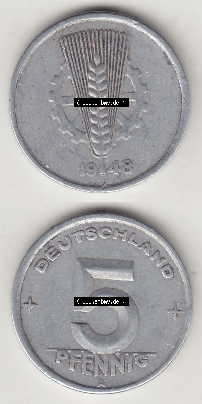 DDR Münze 1948-1990 Umlaufmünze / Kursmünze 1948-1950, A 5 Pfennig 1948 (Stück 1). Vorderseite und Rückseite vertikal untereinander... Sammlung