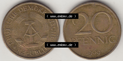 DDR Münze 1969-1990 Umlaufmünze / Kursmünze 1969-1990, 20 Pfennig 1969 (Stück 3), DDR-Telefonmünze. Vorderseite und Rückseite... Sammlung