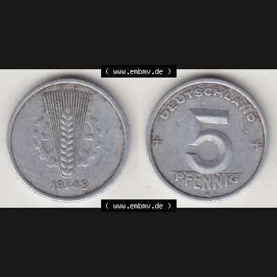 DDR Münze 1948-1990 Umlaufmünze / Kursmünze 1948-1950, A 5 Pfennig 1948-3. Vorderseite und Rückseite horizontal rechts nebeneinander zusammengefügt, der... Sammlung