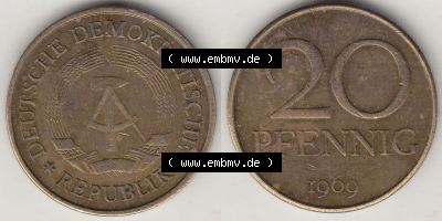 DDR Münze 1969-1990 Umlaufmünze / Kursmünze 1969-1990, 20 Pfennig 1969 (Stück 5), DDR-Telefonmünze. Vorderseite und Rückseite... Sammlung