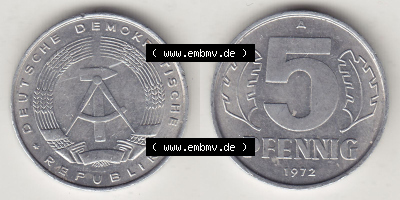 DDR Münze 1948-1990 Umlaufmünze / Kursmünze 1968-1990, A 5 Pfennig 1972 (Stück 1). Vorderseite und Rückseite horizontal rechts... Sammlung