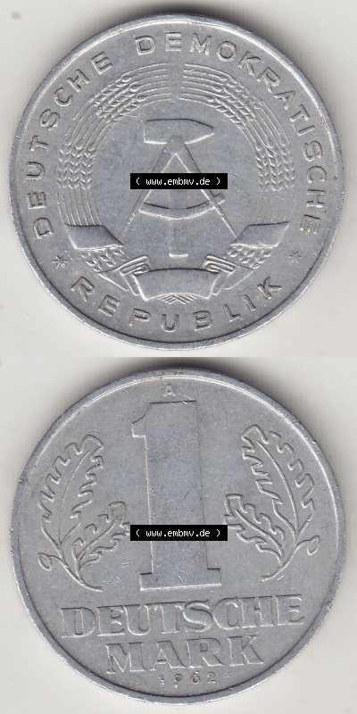 DDR Münze 1956-1990 Umlaufmünze / Kursmünze 1956-1963, A 1 Deutsche Mark 1962 (Stück 2). Vorderseite und Rückseite vertikal... Sammlung
