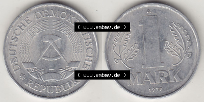 DDR Münze 1956-1990 Umlaufmünze / Kursmünze 1972-1990, A 1 Mark 1977 (Stück 2). Vorderseite und Rückseite horizontal rechts... Sammlung