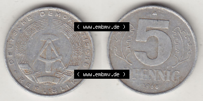 DDR Münze 1948-1990 Umlaufmünze / Kursmünze 1968-1990, A 5 Pfennig 1968 (Stück 3). Vorderseite und Rückseite horizontal rechts... Sammlung