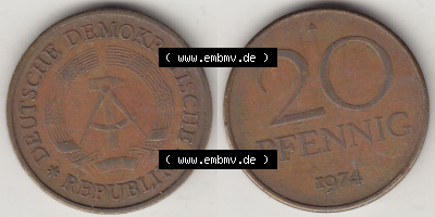 DDR Münze 1969-1990 Umlaufmünze / Kursmünze 1969-1990, 20 Pfennig 1974 (Stück 1), DDR-Telefonmünze. Vorderseite und Rückseite... Sammlung