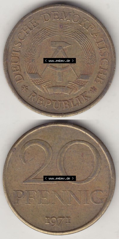 DDR Münze 1969-1990 Umlaufmünze / Kursmünze 1969-1990, 20 Pfennig 1971 (Stück 1), DDR-Telefonmünze. Vorderseite und Rückseite... Sammlung