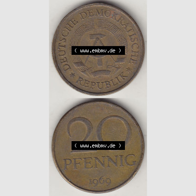 DDR Münze 1969-1990 Umlaufmünze / Kursmünze 1969-1990, 20 Pfennig 1969-6, DDR-Telefonmünze. Vorderseite und Rückseite vertikal untereinander zusammengefügt,... Sammlung