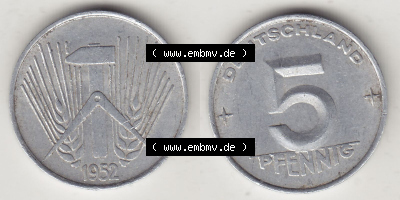 DDR Münze 1948-1990 Umlaufmünze / Kursmünze 1952-1953, A 5 Pfennig 1952 (Stück 1). Vorderseite und Rückseite horizontal rechts... Sammlung