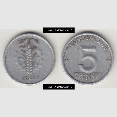 DDR Münze 1948-1990 Umlaufmünze / Kursmünze 1948-1950, A 5 Pfennig 1948-2. Vorderseite und Rückseite horizontal rechts nebeneinander zusammengefügt, der... Sammlung