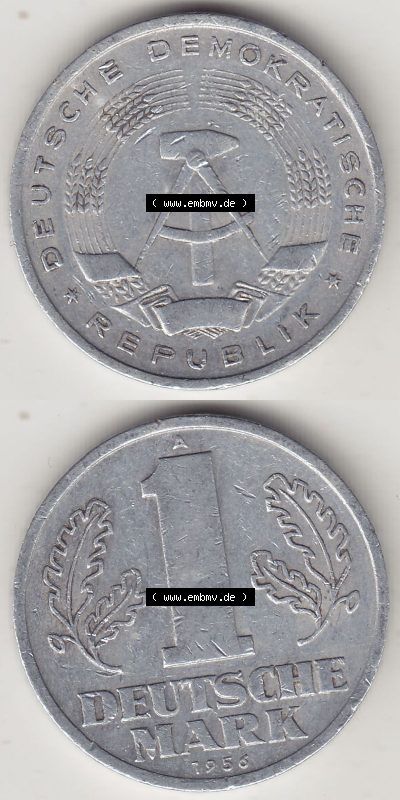 DDR Münze 1956-1990 Umlaufmünze / Kursmünze 1956-1963, A 1 Deutsche Mark 1956 (Stück 2). Vorderseite und Rückseite vertikal... Sammlung