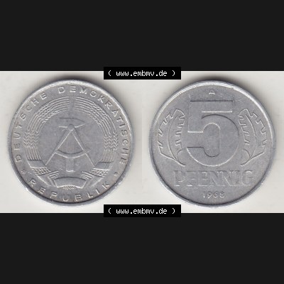 DDR Münze 1948-1990 Umlaufmünze / Kursmünze 1968-1990, A 5 Pfennig 1968-4. Vorderseite und Rückseite horizontal rechts nebeneinander zusammengefügt, der... Sammlung