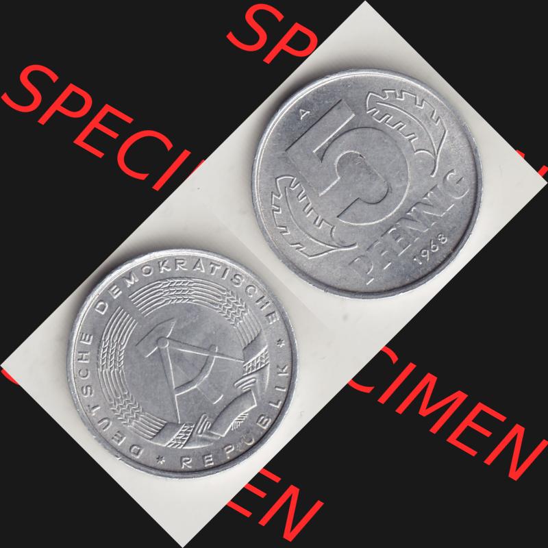 DDR Münze 1948-1990 Umlaufmünze / Kursmünze 1968-1990, A 5 Pfennig 1968-5. Vorderseite und Rückseite horizontal rechts nebeneinander zusammengefügt, der... Sammlung