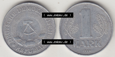 DDR Münze 1956-1990 Umlaufmünze / Kursmünze 1972-1990, A 1 Mark 1978. Vorderseite und Rückseite horizontal rechts nebeneinander... Sammlung