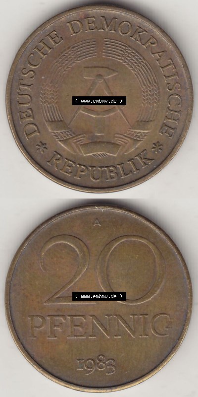DDR Münze 1969-1990 Umlaufmünze / Kursmünze 1969-1990, 20 Pfennig 1983 (Stück 2), DDR-Telefonmünze. Vorderseite und Rückseite... Sammlung