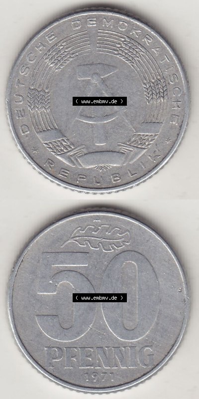 DDR Münze 1958-1990 Umlaufmünze / Kursmünze 1958-1990, A 50 Pfennig 1971 (Stück 3) der DDR-Mark. Vorderseite und Rückseite... Sammlung