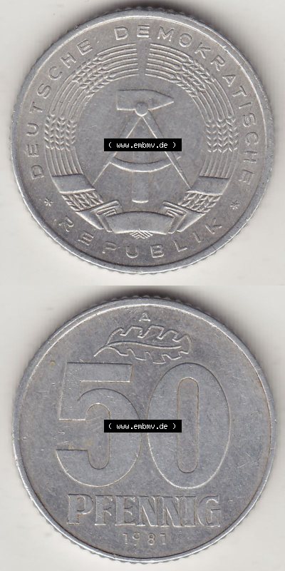 DDR Münze 1958-1990 Umlaufmünze / Kursmünze 1958-1990, A 50 Pfennig 1981 (Stück 1) der DDR-Mark. Vorderseite und Rückseite... Sammlung