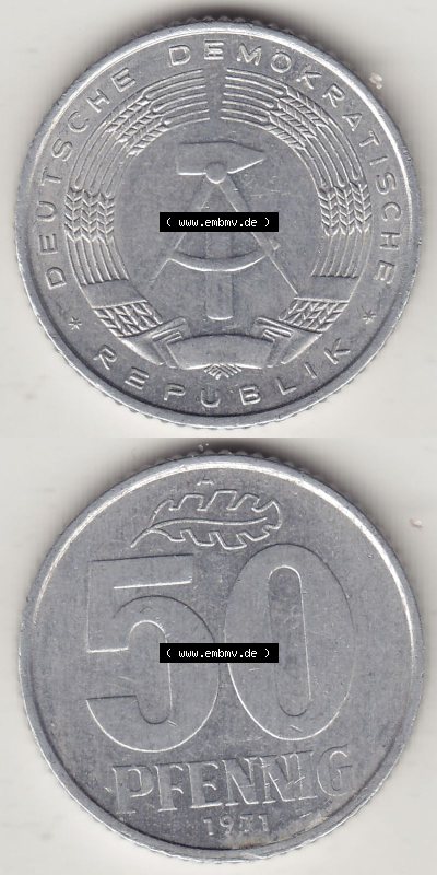 DDR Münze 1958-1990 Umlaufmünze / Kursmünze 1958-1990, A 50 Pfennig 1971 (Stück 1) der DDR-Mark. Vorderseite und Rückseite... Sammlung