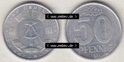 DDR Münze 1958-1990 Umlaufmünze / Kursmünze 1958-1990, A 50 Pfennig 1971 (Stück 1) der DDR-Mark. Vorderseite und Rückseite... Sammlung