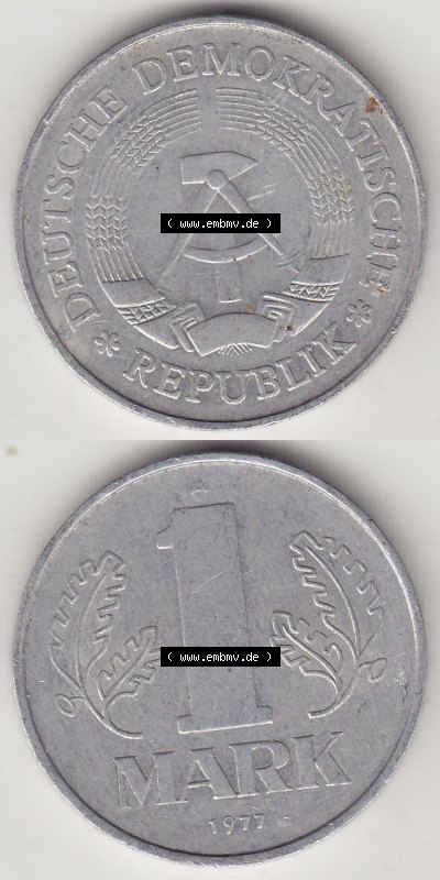 DDR Münze 1956-1990 Umlaufmünze / Kursmünze 1972-1990, A 1 Mark 1977 (Stück 3). Vorderseite und Rückseite vertikal untereinander... Sammlung