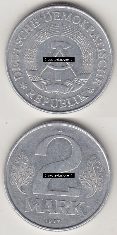 DDR Münze 1957-1990 Umlaufmünze / Kursmünze 1972-1990, A 2 Mark 1977. Vorderseite und Rückseite vertikal untereinander zusammengefügt,... Sammlung