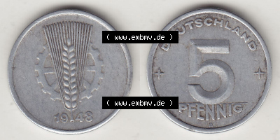 DDR Münze 1948-1990 Umlaufmünze / Kursmünze 1948-1950, A 5 Pfennig 1948 (Stück 2). Vorderseite und Rückseite horizontal rechts... Sammlung