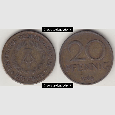 DDR Münze 1969-1990 Umlaufmünze / Kursmünze 1969-1990, 20 Pfennig 1969-4, DDR-Telefonmünze. Vorderseite und Rückseite horizontal rechts nebeneinander zusammengefügt,... Sammlung