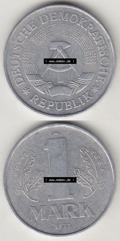 DDR Münze 1956-1990 Umlaufmünze / Kursmünze 1972-1990, A 1 Mark 1977 (Stück 5). Vorderseite und Rückseite vertikal untereinander... Sammlung