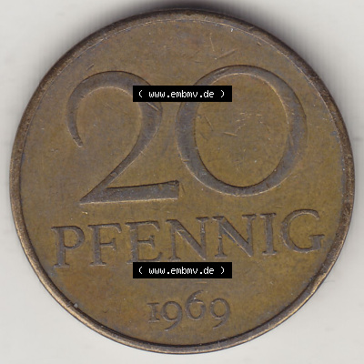 DDR Münze 1969-1990 Umlaufmünze / Kursmünze 1969-1990, 20 Pfennig 1969 (Stück 6), DDR-Telefonmünze. Rückseite mit Wertzahl... Sammlung