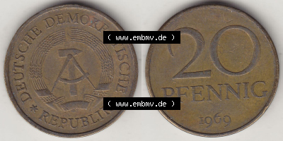 DDR Münze 1969-1990 Umlaufmünze / Kursmünze 1969-1990, 20 Pfennig 1969 (Stück 6), DDR-Telefonmünze. Vorderseite und Rückseite... Sammlung