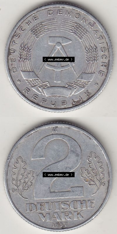 DDR Münze 1957-1990 Umlaufmünze / Kursmünze 1957-1957, A 2 Deutsche Mark 1957 (Stück 2). Vorderseite und Rückseite vertikal... Sammlung