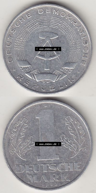 DDR Münze 1956-1990 Umlaufmünze / Kursmünze 1956-1963, A 1 Deutsche Mark 1962 (Stück 3). Vorderseite und Rückseite vertikal... Sammlung
