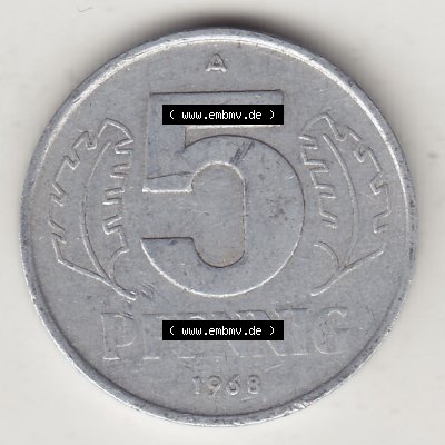 DDR Münze 1948-1990 Umlaufmünze / Kursmünze 1968-1990, A 5 Pfennig 1968-2. Rückseite der 5 Pfennig Münze der DDR. Hier im online Katalog befinden sich 5... Sammlung