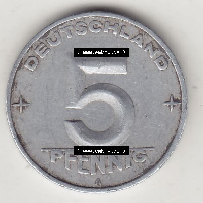 DDR Münze 1948-1990 Umlaufmünze / Kursmünze 1952-1953, A 5 Pfennig 1952-2. Rückseite der 5 Pfennig Münze der DDR. Hier im online Katalog befinden sich 5... Sammlung