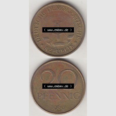 DDR Münze 1969-1990 Umlaufmünze / Kursmünze 1969-1990, 20 Pfennig 1969-2, DDR-Telefonmünze. Vorderseite und Rückseite vertikal untereinander zusammengefügt,... Sammlung