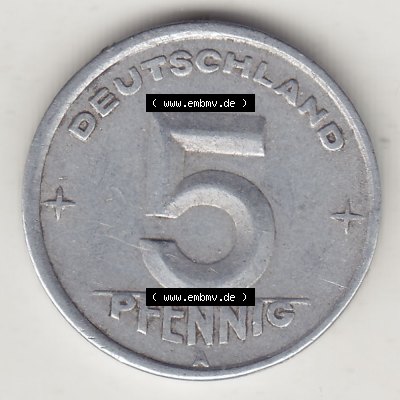 DDR Münze 1948-1990 Umlaufmünze / Kursmünze 1948-1950, A 5 Pfennig 1948-1. Rückseite der 5 Pfennig Münze der DDR. Hier im online Katalog befinden sich 5... Sammlung