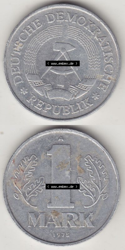 DDR Münze 1956-1990 Umlaufmünze / Kursmünze 1972-1990, A 1 Mark 1975. Vorderseite und Rückseite vertikal untereinander zusammengefügt,... Sammlung