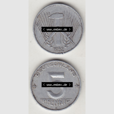 DDR Münze 1948-1990 Umlaufmünze / Kursmünze 1952-1953, A 5 Pfennig 1952-2. Vorderseite und Rückseite vertikal untereinander zusammengefügt, der 5 Pfennig... Sammlung