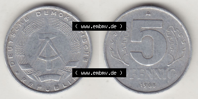 DDR Münze 1948-1990 Umlaufmünze / Kursmünze 1968-1990, A 5 Pfennig 1968 (Stück 1). Vorderseite und Rückseite horizontal rechts... Sammlung